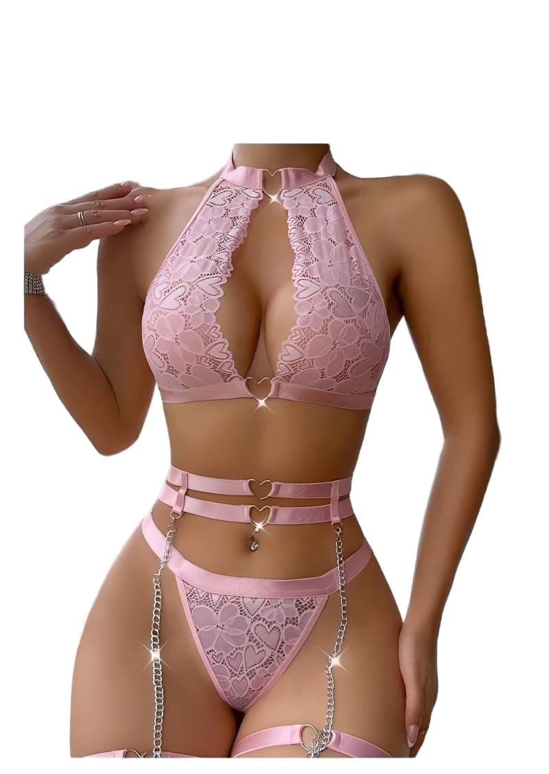 Minimizer Bra Women - ชุดชั้นในเซ็กซี่แบบดันทรง พร้อมสายรัดถุงน่องและสร้อยคอ ชุดชั้นในผู้หญิงแบบมีโครงและจีสตริง ชุดชั้นในสตรี