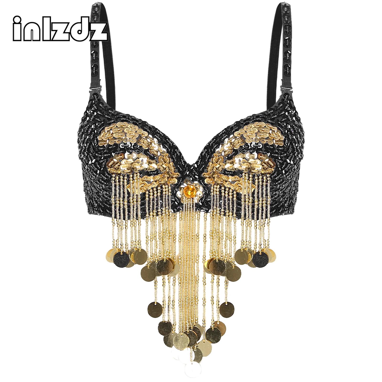 Underwire Bra Padded - ชุดแสดงระบำหน้าท้องสำหรับผู้หญิง สายรัดปรับได้ ประดับเลื่อมวิบวับ พู่ห้อยประดับลูกปัดพลาสติก บราเสริมโครงสำหรับงานคาร์นิวัล